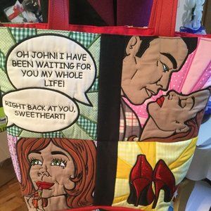 Handmade Pop art embroidered tote 15"wide 16"tall not counting handles